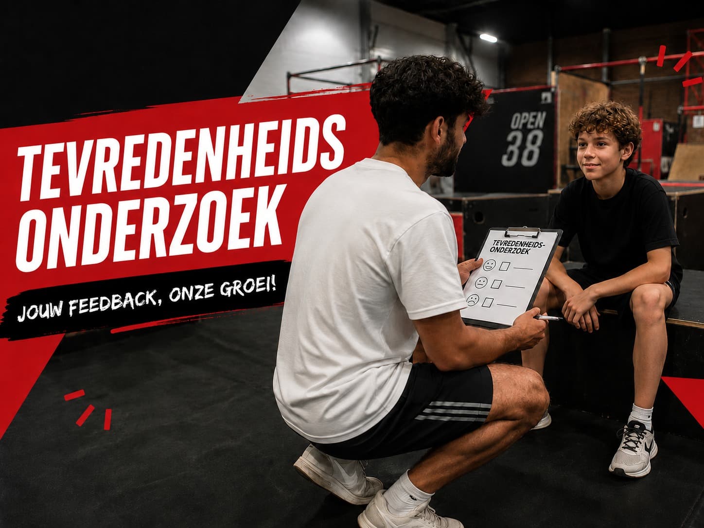 Grafische afbeelding voor het ZERO-tevredenheidsonderzoek met een trainer en een jonge deelnemer
